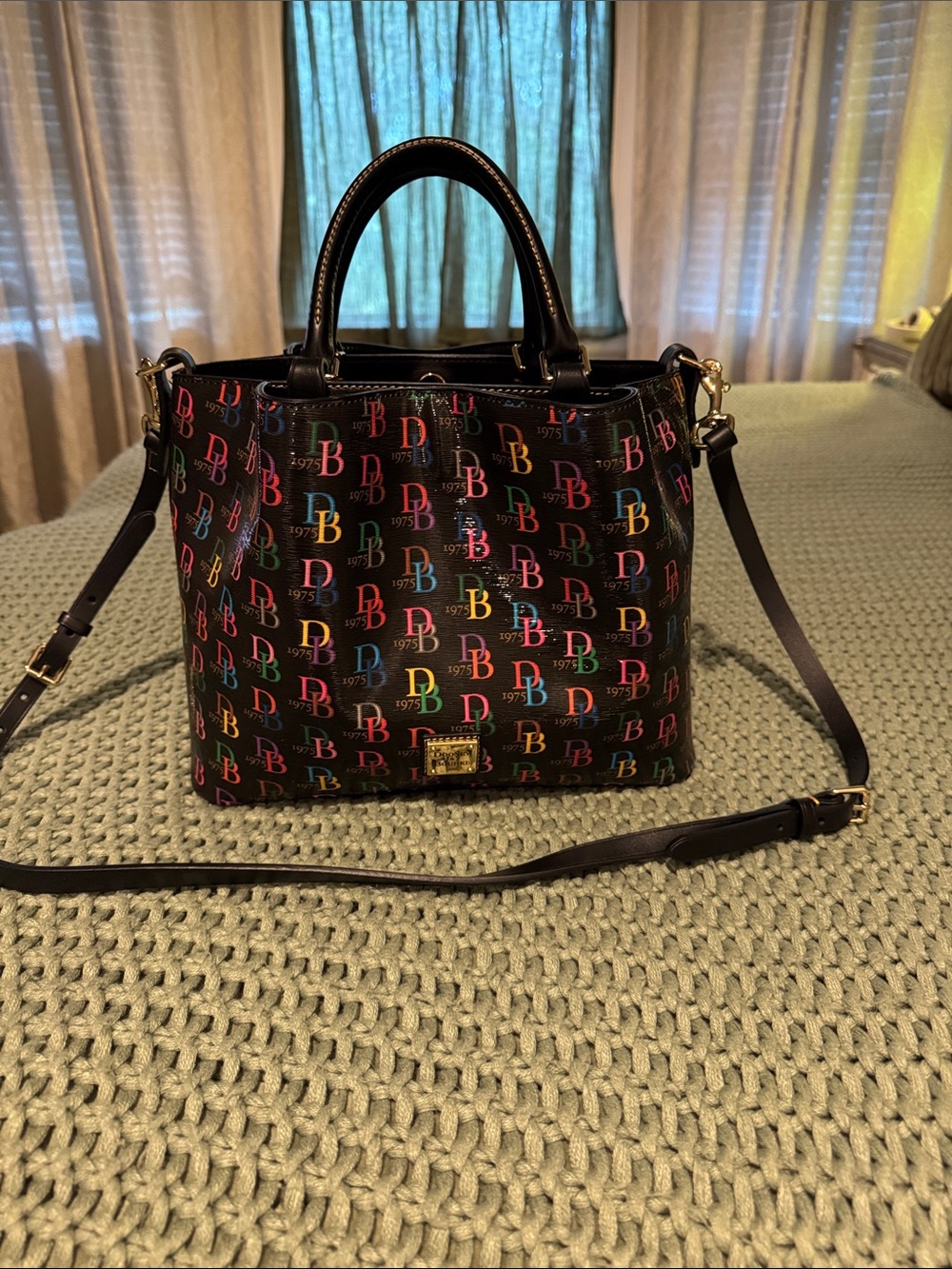 Dooney & Bourke Black Satchel with Multicolor DB Logo Print